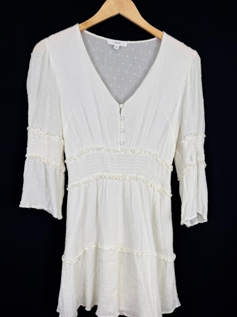 Aeom White Swiss Dot Tiered Mini Dress V-Neck Bell Sleeve Lined Medium M